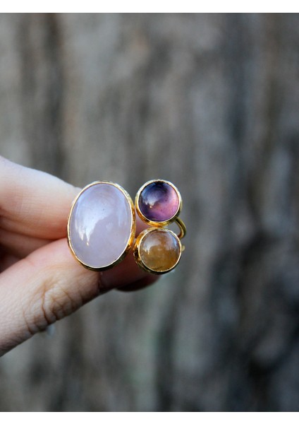 Doğal Taş 3'lü Doğal Taşlı Ayarlanabilir Altın Kaplama Kadın Yüzük Pembe Kuvars Ametist Sitrin EOUY4SAP modelleri
