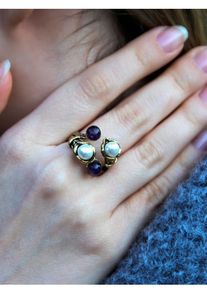 Doğal Taş Ametist Doğal Taşlı Incili 4'lü Ayarlanabilir Antik Yüzük EUY55IAMT