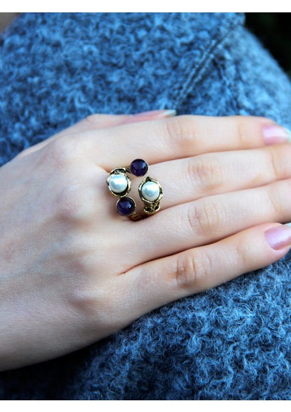 Doğal Taş Ametist Doğal Taşlı Incili 4'lü Ayarlanabilir Antik Yüzük EUY55IAMT fiyatları