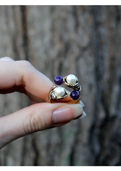 Doğal Taş Ametist Doğal Taşlı Incili 4'lü Ayarlanabilir Antik Yüzük EUY55IAMT modelleri