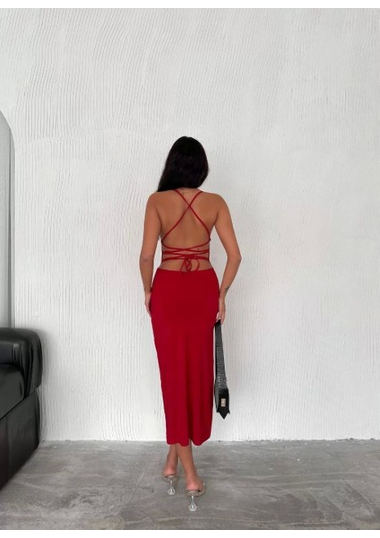 Sırt Bağlamalı Derin Yirtmaç Askılı Elbise - Kırmızı modelleri
