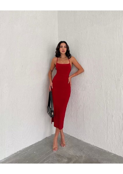 Sırt Bağlamalı Derin Yirtmaç Askılı Elbise - Kırmızı indirimleri