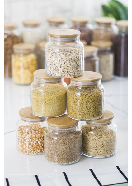 18 Li Set Bambu Kapaklı Cam Kavanoz & Erzak Saklama Kabı 6 X (1.3 LT 0.80 LT 0.50 LT ( Vakum Kapak )