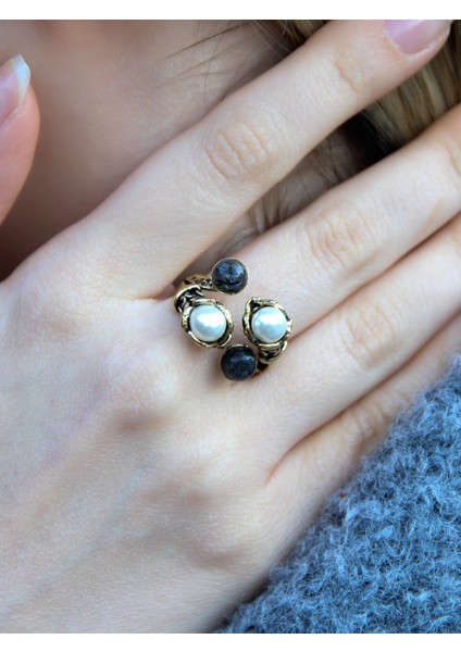 Doğal Taş Rutil Kuvars Doğal Taşlı Incili 4'lü Ayarlanabilir Antik Yüzük EUY55IRK