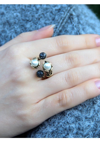 Doğal Taş Rutil Kuvars Doğal Taşlı Incili 4'lü Ayarlanabilir Antik Yüzük EUY55IRK fiyatları