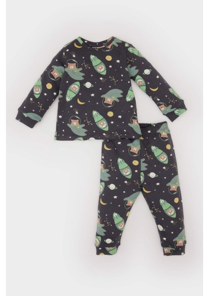 Erkek Bebek Pijama Takımı Uzay Baskılı Uzun Kollu Üst Beli Lastikli Uzun Alt D9069A525SP