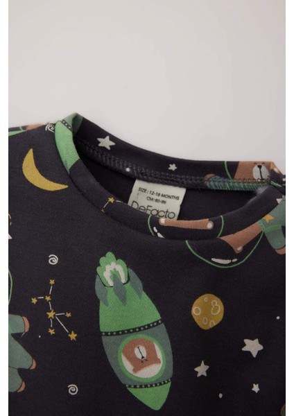 Erkek Bebek Pijama Takımı Uzay Baskılı Uzun Kollu Üst Beli Lastikli Uzun Alt D9069A525SP
