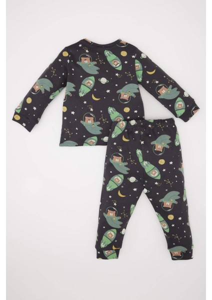 Erkek Bebek Pijama Takımı Uzay Baskılı Uzun Kollu Üst Beli Lastikli Uzun Alt D9069A525SP
