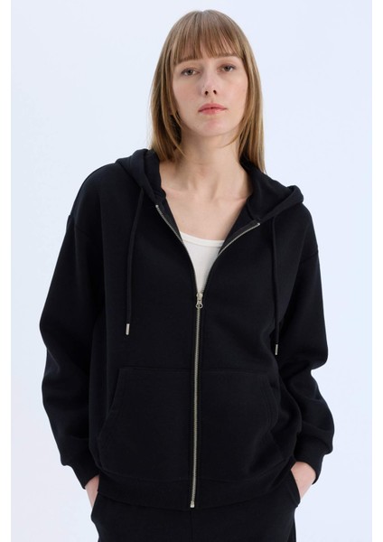 Okula Dönüş Relax Fit Kapüşonlu Kalın Basic Düz Cepli Fermuarlı Sweatshirt D8717AX25SP