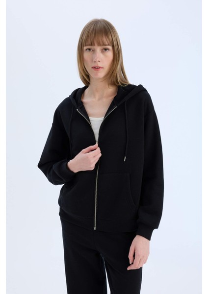 Okula Dönüş Relax Fit Kapüşonlu Kalın Basic Düz Cepli Fermuarlı Sweatshirt D8717AX25SP