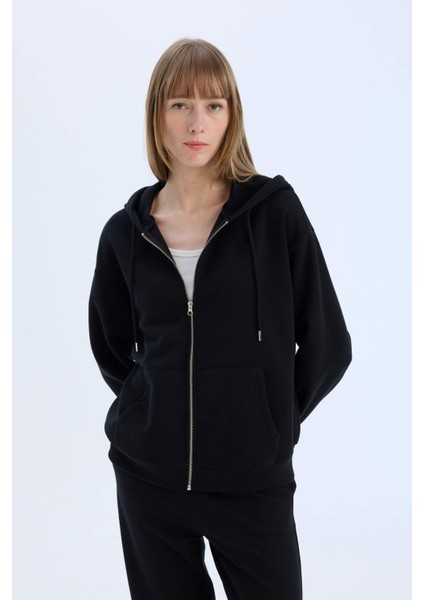 Okula Dönüş Relax Fit Kapüşonlu Kalın Basic Düz Cepli Fermuarlı Sweatshirt D8717AX25SP