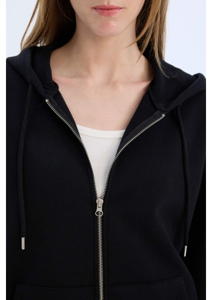 Okula Dönüş Relax Fit Kapüşonlu Kalın Basic Düz Cepli Fermuarlı Sweatshirt D8717AX25SP