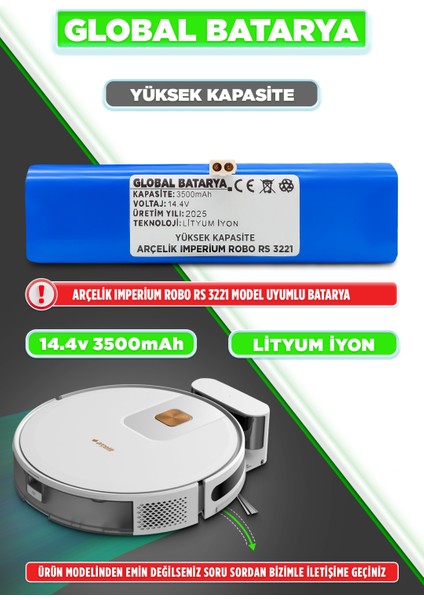 Arçelik Imperium Robo Rs 3221 Uyumlu Akıllı Robot Süpürge Bataryası 14.4V 3500MAH Pil (Yüksek Kapasite)