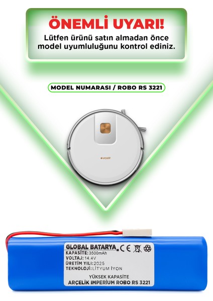 Arçelik Imperium Robo Rs 3221 Uyumlu Akıllı Robot Süpürge Bataryası 14.4V 3500MAH Pil (Yüksek Kapasite)