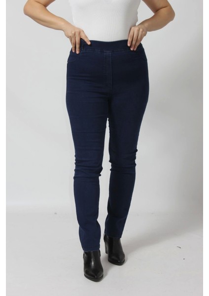 R001 Beli Lastikli Esnek Büyük Beden Mevsimlik Mavi Kot Pantolon