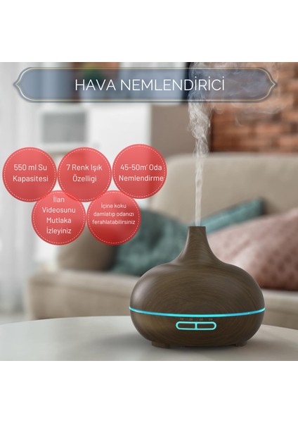 Koyu Ahşap Desenli 500ML. Işıklı Hava Nemlendirici Ultrasonik Ortam Nemlendirici Aroma Difüzörü modelleri
