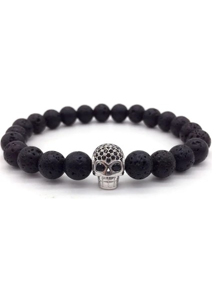 No.3 Boyutu Naıqube Kafatası Erkek Bileklik 8Mm Lava Boncuk Kelepçe Taş Boncuk Charm Bilezik Erkekler Takı Için (Yurt Dışından)