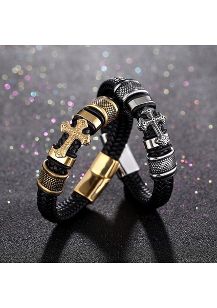 21,5 Cm Tarzı Gümüş Erkekler Haçlı Bilezik Vintage Moda Takı Deri Örgülü Bilezik Trend Kişilik Din Bilezik (Yurt Dışından)