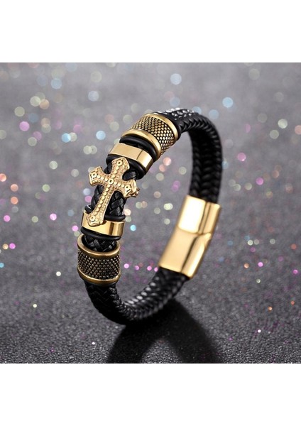 21,5 Cm Tarzı Gümüş Erkekler Haçlı Bilezik Vintage Moda Takı Deri Örgülü Bilezik Trend Kişilik Din Bilezik (Yurt Dışından)
