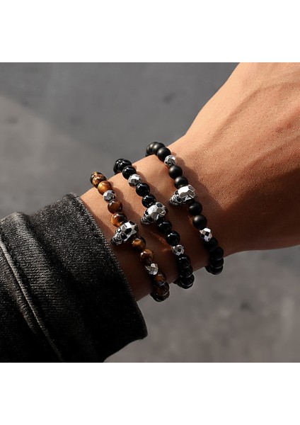 No.2 Boyutu Latainless Çelik Kafatası Charm Bilezik Erkekler Moda El Yapımı 6Mm Kaplan Gözü Mat Boncuk Bilezik Erkekler Takı Için (Yurt Dışından) fiyatları