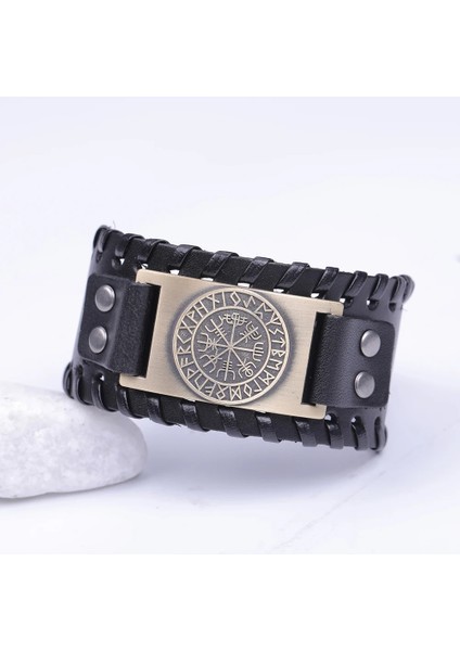 Siyah-Bakır Skyrim Viking Vegvisir Pusula Hakiki Deri Bilezik Adam Için Iskandinav Runes Odin Iskandinav Bileklik Muska Takı (Yurt Dışından)