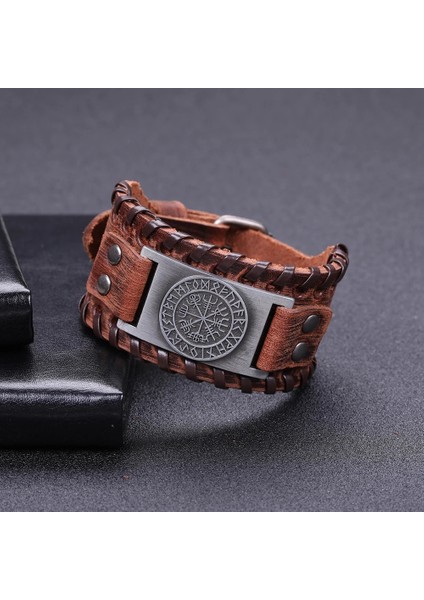 Siyah-Bakır Skyrim Viking Vegvisir Pusula Hakiki Deri Bilezik Adam Için Iskandinav Runes Odin Iskandinav Bileklik Muska Takı (Yurt Dışından)