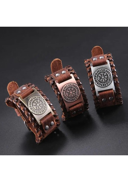 Siyah-Bakır Skyrim Viking Vegvisir Pusula Hakiki Deri Bilezik Adam Için Iskandinav Runes Odin Iskandinav Bileklik Muska Takı (Yurt Dışından)