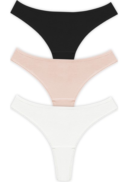 Basic Pamuklu Dantel Detaylı Kadın Tanga 3'lü Paket Külot