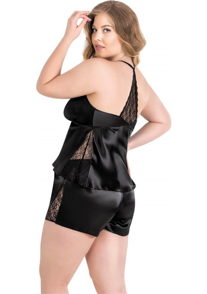 Büyük Beden Siyah Saten Babydoll Şort Takımı