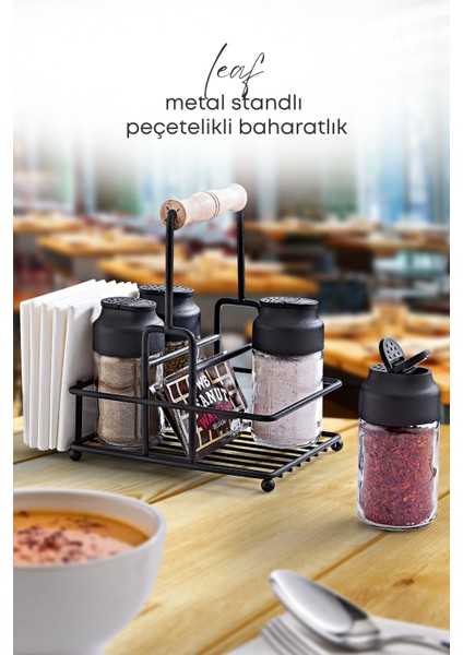 Yaprak Detaylı Metal Standlı Peçetelikli 4'lü Çift Kapaklı Cam Baharatlık Seti- Restoran Kafe