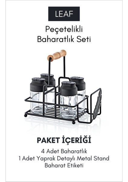 Yaprak Detaylı Metal Standlı Peçetelikli 4'lü Çift Kapaklı Cam Baharatlık Seti- Restoran Kafe