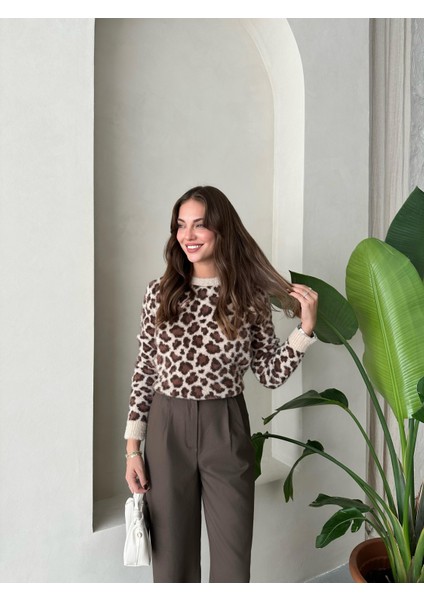 Taş-Kahve Melody Leopar Desenli Kazak