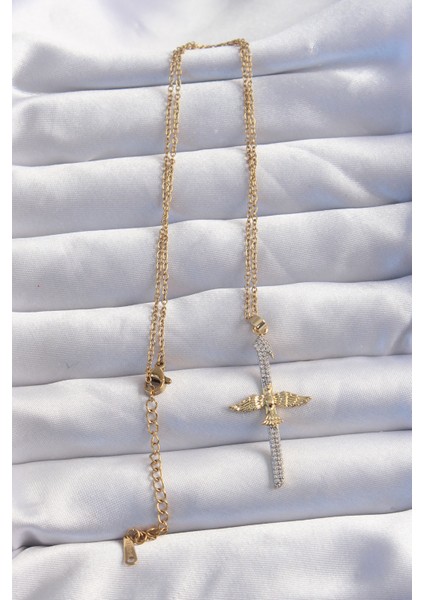 316L Çelik Zincir Gold Renkli Zirkon Taşlı Kılıç Model Anka Kuşu Kolye - TJ-BKO8986