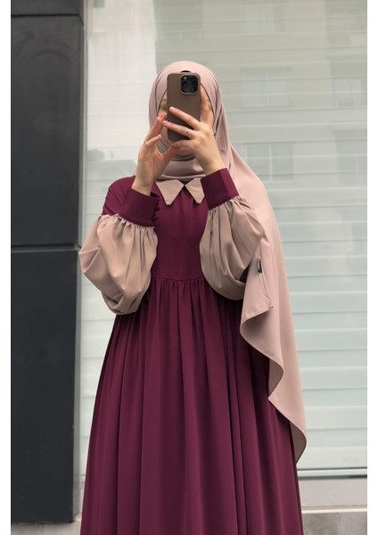 Hijabi Elbise- Bordo / Bej