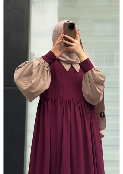 Hijabi Elbise- Bordo / Bej