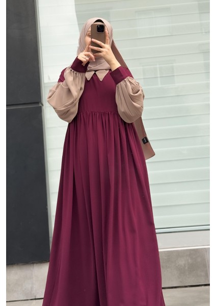 Hijabi Elbise- Bordo / Bej