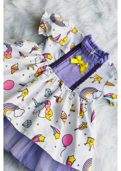 Unicorn Desenli Tül Etek Astarlı Lila Kız Çocuk Bebek Tasarım Elbise