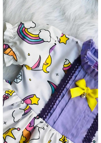 Unicorn Desenli Tül Etek Astarlı Lila Kız Çocuk Bebek Tasarım Elbise