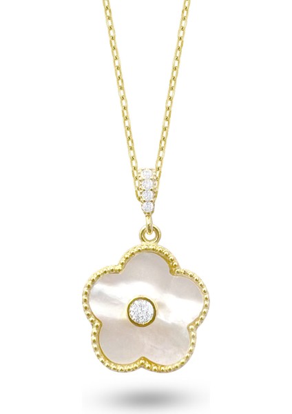 Sedefli Çiçek Kolye 925 Ayar Gümüş Doğal Sedef Taşlı Sarı Renk