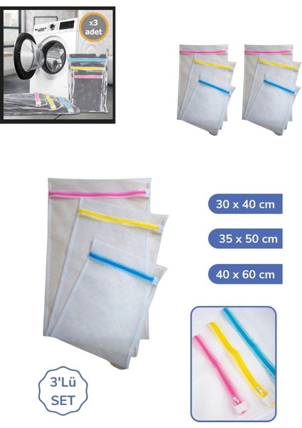 3'lü Çamaşır Yıkama Filesi Set Renkli Fermuarlı Pratik Çamaşır Yıkama Filesi Seti 3 Boy (324324)