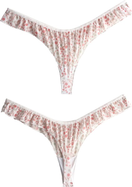 Krem Çiçek Desenli Tül Kenarları Fırfırlı Tanga Külot