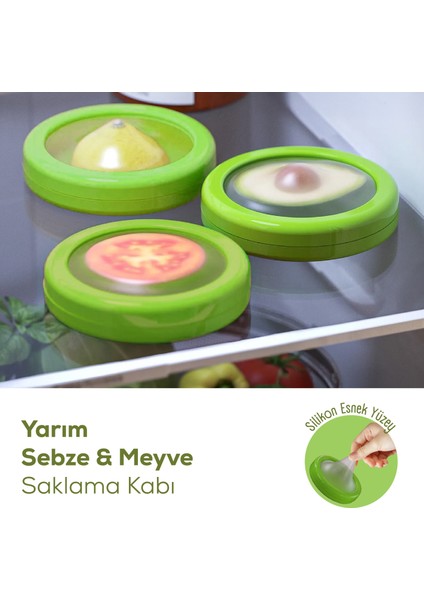3lü Buzdolabı Için Yarım Meyve ve Sebze Koruma Kabı - Limon, Soğan, Domates Saklama Kutusu Yeşil