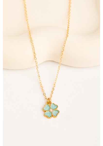 Sedef Görünümlü Yonca Model Gold Kolye