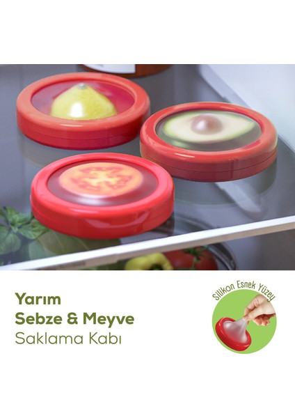3lü Buzdolabı Için Yarım Meyve ve Sebze Koruma Kabı - Limon, Soğan, Domates Saklama Kutusu Kırmızı
