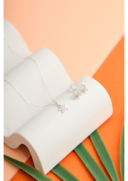 925 Ayar Gümüş Lotus Kolye ve Küpe Set ELKAB92281