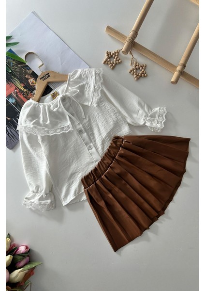 Yaka Dantel Detaylı Deri Pilise Etekli Kız çocuk takım - Kahverengi