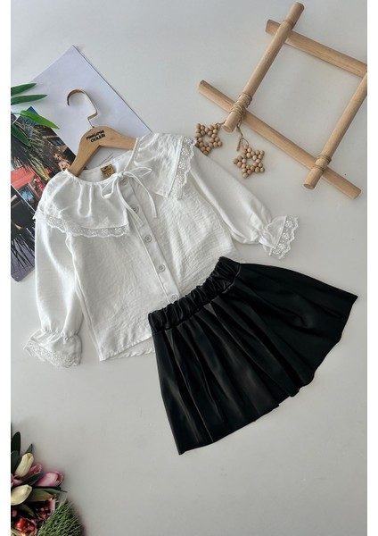 Yaka Dantel Detaylı Deri Pilise Etekli Kız çocuk takım - Siyah