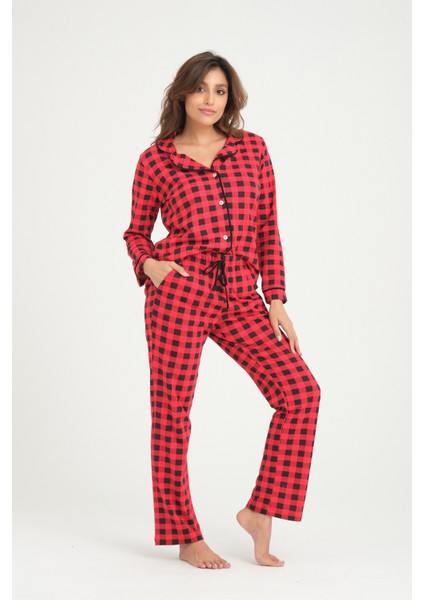 Metraj Baskılı %100 Pamuk Ön Pat Düğmeli Örme Pijama Takımı