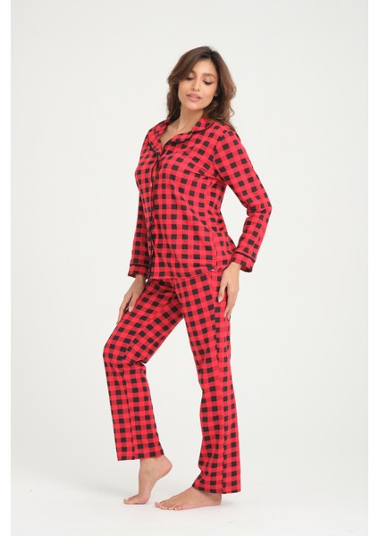 Metraj Baskılı %100 Pamuk Ön Pat Düğmeli Örme Pijama Takımı