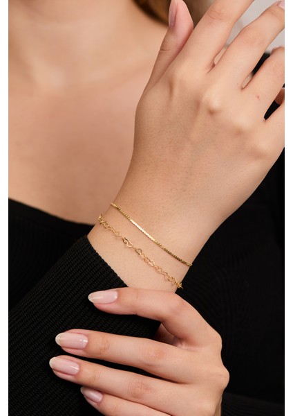 925 Ayar Gümüş Zarif Bağlantılı Kalpler Ikili Bileklik Set